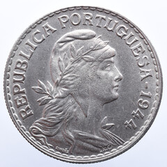 Obverse of Portuguese coin in alpaca with the figure of the republic and the year 1944