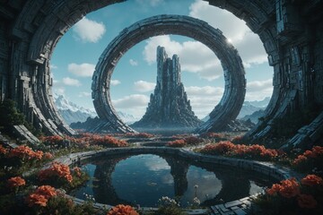 Fototapeta premium Futuristic arch among mountains and nature