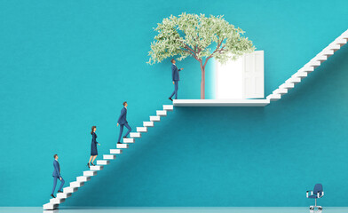Business people walking up stairs to the green tree and open door.  Business environment concept with stairs representing career, advisory, growth, success,  and achievement. 3D rendering