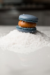 Focus on a blue macaroon with chocolate cream on top of a pile of coconut shavings