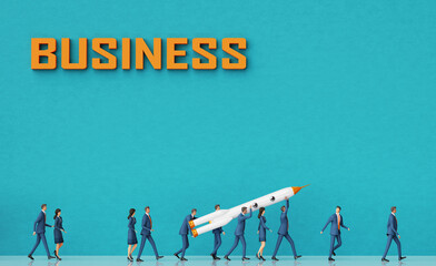 New successful start up idea,  business people in suits are people walking with rocket,,  background with copy space