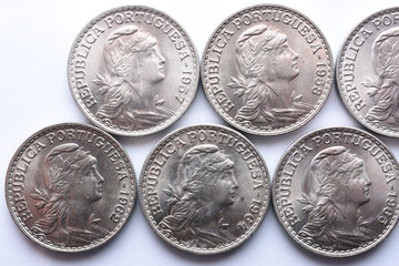 Set of coins from the Republic of Portugal in alpaca of 1 escudo. portrait of the republic and the year of issue of each coin