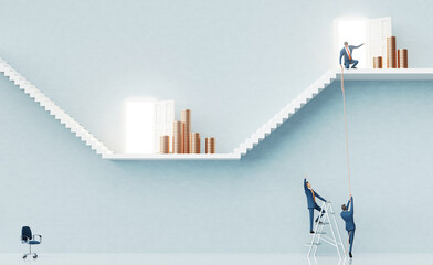 Businessman helps to his friend to climb up with rope. Business environment concept with stairs and opened door, representing career, advisory, growth, success, solution and achievement. 3d rendering