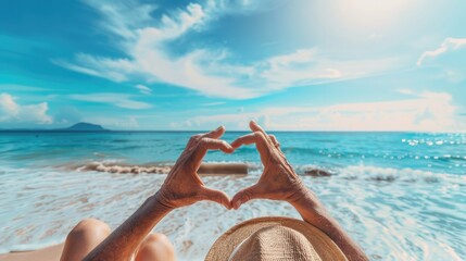 Senior couple make a heart shaped hand at the beach on a good day in sunny day morning. Plan life insurance of happy retirement concept.