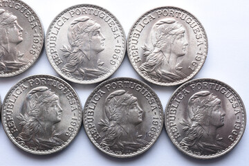 Set of coins from the Republic of Portugal in alpaca of 1 escudo. portrait of the republic and the year of issue of each coin