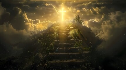 Stairway to heaven in a spiritual concept, leading to the Christian cross in a heavenly concept. Religion background. Paradise stairway in a spiritual concept. Spiritual fantasy's stairway to the ligh - obrazy, fototapety, plakaty