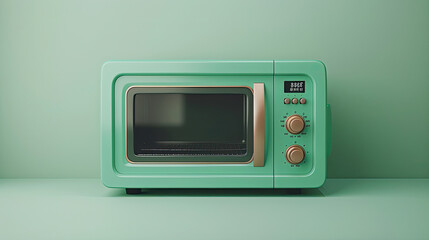 A mint green retro style microwave oven on a mint green background.