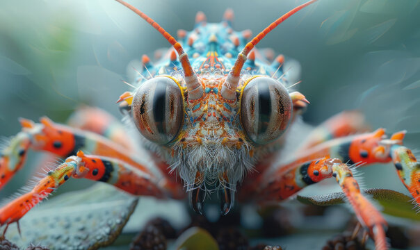 A macro photo of a colorful insect with large eyes