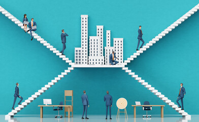 Business people walking up and down stairs, working together.. Business environment concept with stairs and opened door, representing career, advisory, growth, success. 3D rendering - 790761807