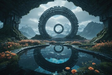 Futuristic arch among mountains and nature