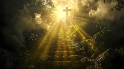 Obraz premium Stairway to heaven in a spiritual concept, leading to the Christian cross in a heavenly concept. Religion background. Paradise stairway in a spiritual concept. Spiritual fantasy's stairway to the ligh