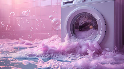 A washing machine with pink foam overflowing