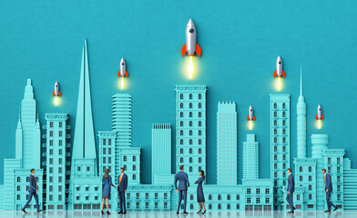 Business people in City watching successful startups, rockets are flying up from the roofs of skyscrapers. 3D rendering - 790761841