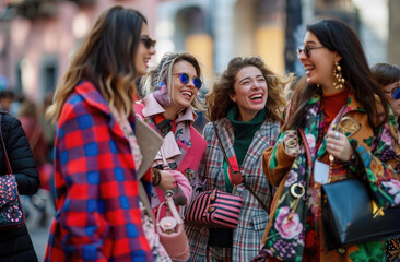 Obraz na płótnie Canvas A group of stylish women in fashionable outfits, smiling and laughing as they walk down the street during fashion week with designer handbags on their shoulders.
