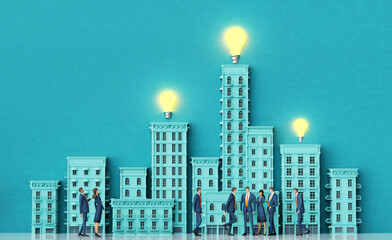 Team of business people in the City are talking and sorting problems. Light bulbs are lit up above skyscrapers as symbol of working, progress and new ideas. 3D rendering