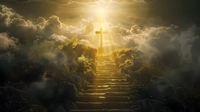 Stairway to heaven in a spiritual concept, leading to the Christian cross in a heavenly concept. Religion background. Paradise stairway in a spiritual concept. Spiritual fantasy's stairway to the ligh