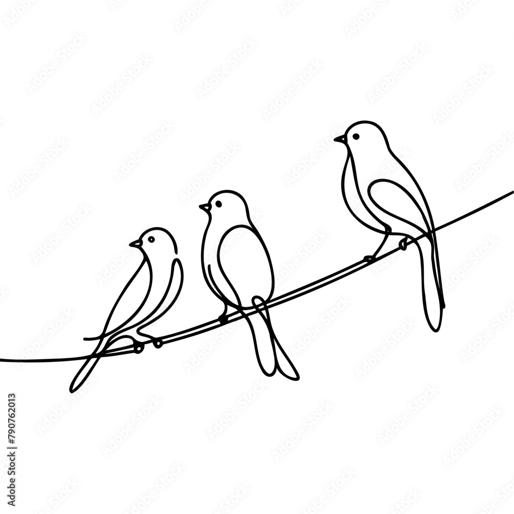 Poster abstract birds on branches continuous one line drawing. birds on branch background in black and whit
