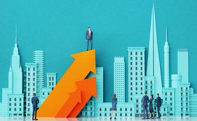 Businessman making career in City, Beautiful skyscrapers of financial district and bug arrow, representing the way and success. 3D rendering illustration 