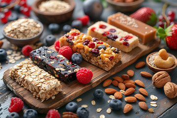 Wooden cutting board with granola bars, berries, perfect finger food display