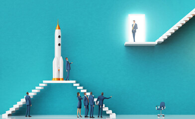 Business people  introducing a new startup idea to investors. Rocket as symbol of startup. Business environment concept with stairs and open door. 3D rendering - 790762025