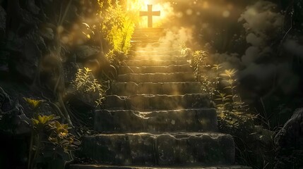 Stairway to heaven in a spiritual concept, leading to the Christian cross in a heavenly concept. Religion background. Paradise stairway in a spiritual concept. Spiritual fantasy's stairway to the ligh