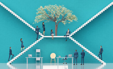 Business people are working together in the shade of big green tree. Business environment concept with stairs and open door. 3D rendering - 790762065