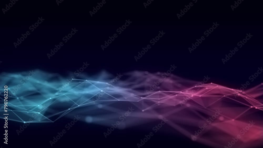 Poster Music color wave of particles and lines. Big data visualization. Abstract blue background with a dynamic wave. 3d rendering.