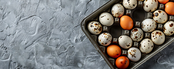 Quail Eggs in a Plastic tray feathers gray stone background with copy space for text. generative ai