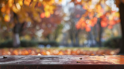 Empty Old Metal Table with Blurred Autumn Theme in Background, Perfect for Product Display.