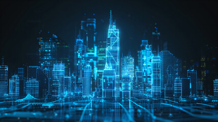 Fototapeta na wymiar wireframe hologram of a cityscape, crisp, glowing neon blue lines, patterns, iconic structures, architectural details, city features, visually image, metropolis, digital artwork and future technology