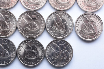 set of coins from the Republic of Portugal in cupro nickel valued at 2$50. On the face a caravel and the year of issue. coin collection