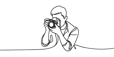 Continuous line drawing of professional man photographer take picture use camera. One line art concept of photography. Vector illustration.