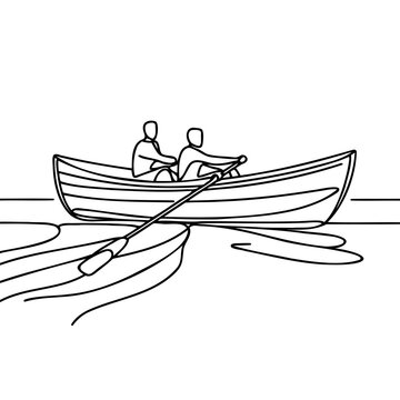recommend clip art: Man sailing on a boat kayaking one line sketch on white background.