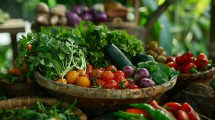 Various vegetables in baskets on table