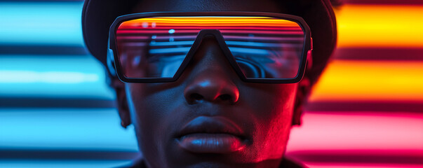 portrait of a cyberpunk rapper with sunglasses and neon lights in the background