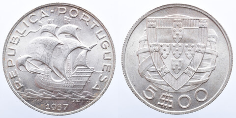 Portuguese silver coin of 5 escudos from 1937