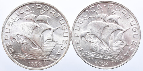 set of two Portuguese silver 5 escudos coins
