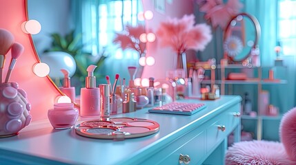 Detailed perspective of a vanity table adorned with makeup palettes, brushes, and mirrors, re