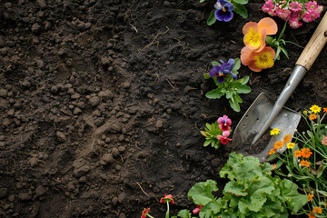 beauty of gardening tools and freshly planted flowers on soil, from a bird's-eye view, against a natural background, illustrating the transformative power of gardening in enhancing