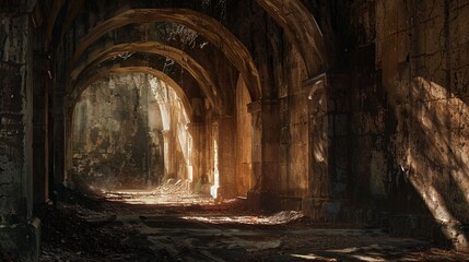 Shadows dance along the ancient walls of a mysterious tunnel, shrouding its secrets in an aura of intrigue.