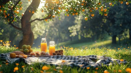 A serene picnic scene with a checkered blanket and a spread of sandwiches, fruit, and drinks on