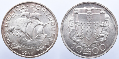 Portuguese silver coin of 10 escudos from 1942