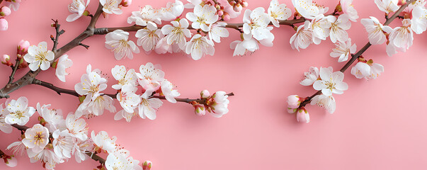 Spring Branch apricot tree with white flowers on pink background with space for text. 