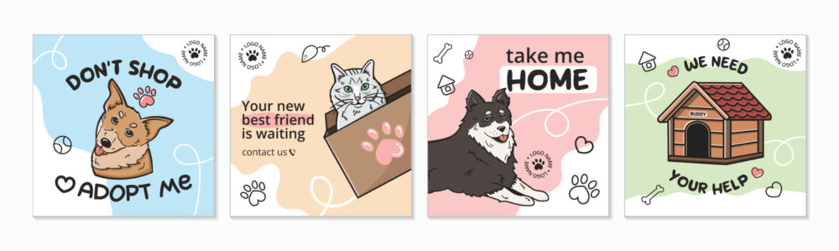 A set of cute templates for a social media post on the topic of dogs and cats adoption. Adopt me banner , a cat in a box, a request for help. Pleasant bright colors, pet elements. 
