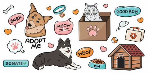 A set of vector isolated drawings on the theme of a shelter for dogs and cats, pet supplies. Adoption. Portraits of funny pets. Suitable for stickers, flyers, social media, cards, ad, prints, banners.