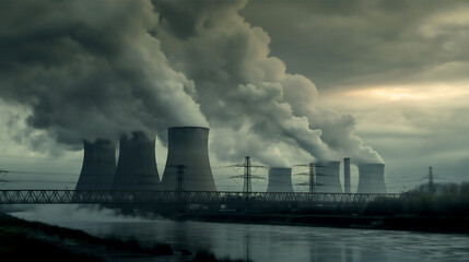 Smoke and pollution bellowing from a large coal fuelled power plant representing climate change