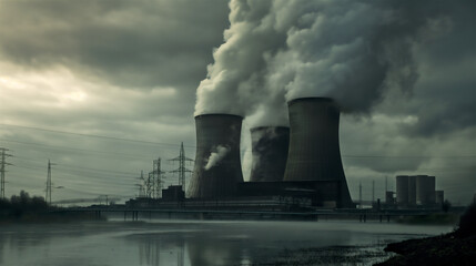 Obraz premium Smoke and pollution bellowing from a large coal fuelled power plant representing climate change