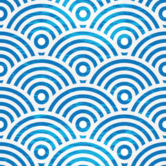 Vector seamless geometric hand drawn grunge pattern with blue-white semicircles