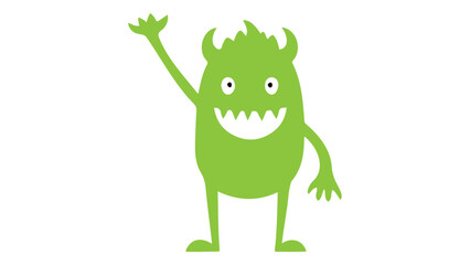 funny happy green monster waving hand, vector illustration