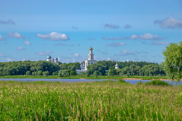 St. George Monastery in the summer landscape, Veliky Novgorod. Russia - obrazy, fototapety, plakaty